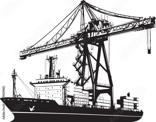 Port Perfectionists Industrial Ship Loading Logo Icon Vessel Ventures Crane Loading to Cargo Ship Vector Design
