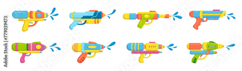 Vector plastic children's toy water gun icons set isolated on white background. Multi-colored cartoon summer pistols collection. Songkran festival traditional game illustration