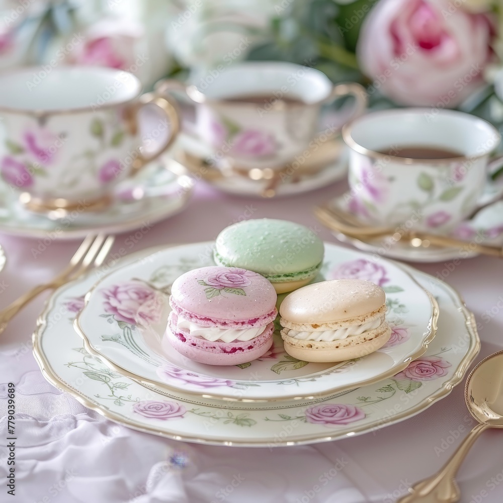 Colorful macarons, some pink, on a plate are a delightful french dessert perfect with coffee or tea Colorful macarons, some pink, on a plate are a delightful french dessert perfect with coffee or tea