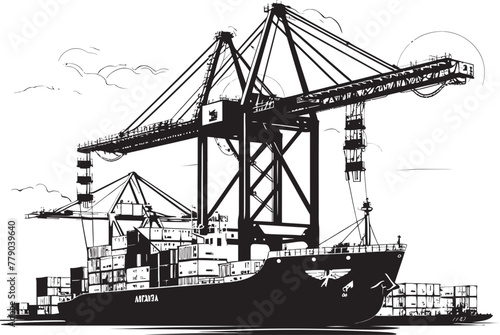Nautical Navigators Industrial Ship Loading Icon Design Dockside Dynamos Crane Loading Cargo Ship Vector Emblem