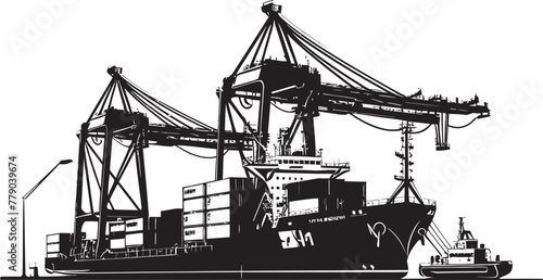 Cargo Commanders Industrial Ship Loading Logo Icon Seafaring Strategies Crane Loading to Cargo Ship Vector Design
