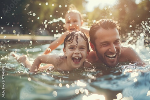 Happy family enjoying summer swim, outdoor pool. Active sport, children, father 