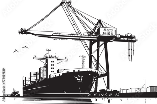 Port Protectors Industrial Ship Loading Icon Design Vessel Virtuosos Crane Loading Cargo Ship Vector Emblem