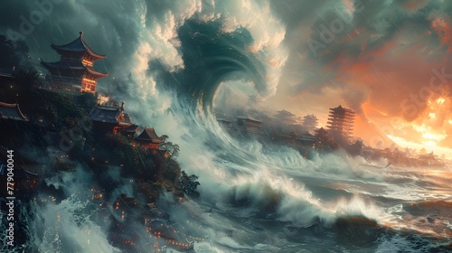 Majestic tsunami waves, traditional Asian city, stormy skies. Dramatic storm chaos. Power nature