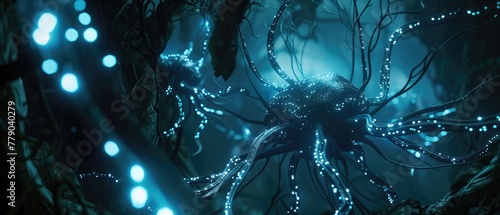 Realistic portrayal of an alien species communicating through light patterns in fiberoptic cables, in a darkened environment, 3D illustration