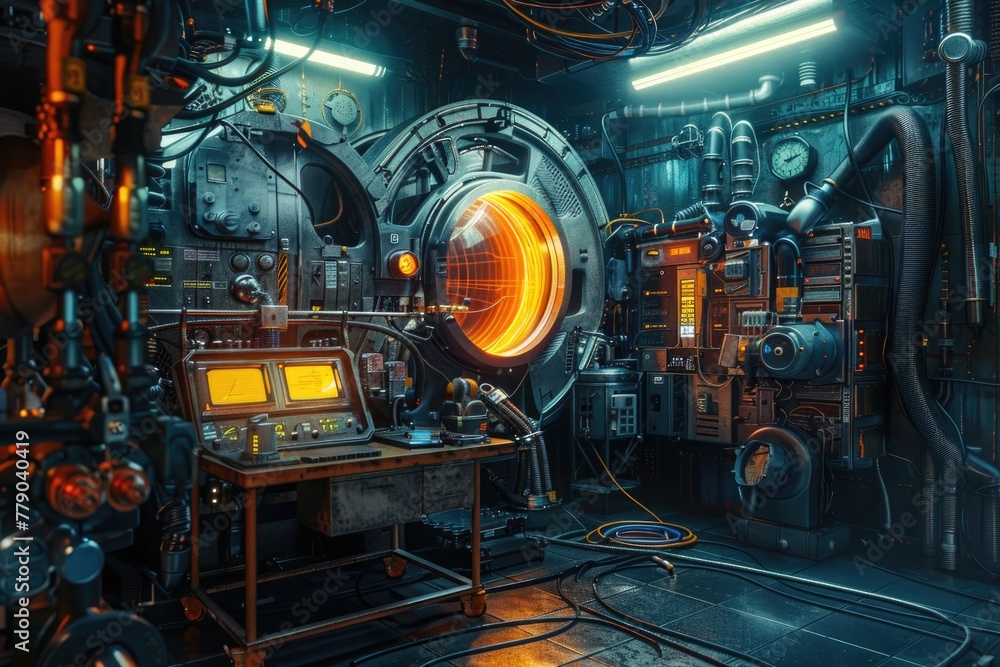 Detailed view of a secret lab where fiberoptic cables are used to power a time machine, with eerie backlighting, 3D illustration Detailed view of a secret lab where fiberoptic cables are used to power a time machine, with eerie backlighting, 3D illustration