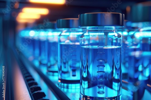 Detailed scene of osteoporotic bone samples stored in a futuristic cryogenic chamber, each vial backlit with eerie light, 3D illustration photo