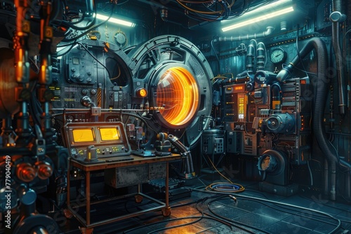 Detailed view of a secret lab where fiberoptic cables are used to power a time machine, with eerie backlighting, 3D illustration