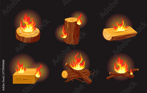 Campfire bonfire firewood flame isolated set. Vector flat graphic design illustration