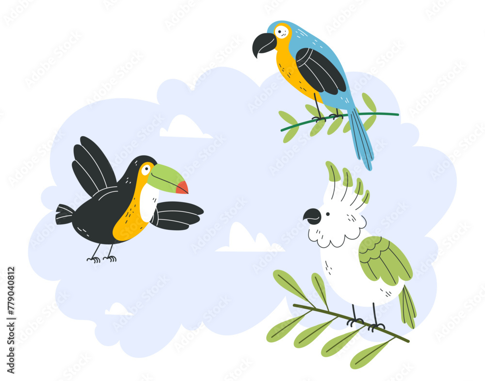 Fototapeta premium Jungle tropical birds isolated set. Vector flat graphic design illustration