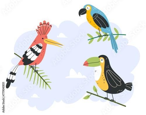 Jungle tropical birds isolated set. Vector flat graphic design illustration