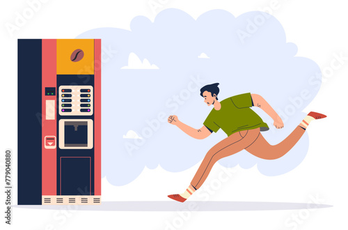 People running for morning coffee concept. Vector cartoon graphic design element illustration