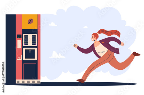People running for morning coffee concept. Vector cartoon graphic design element illustration