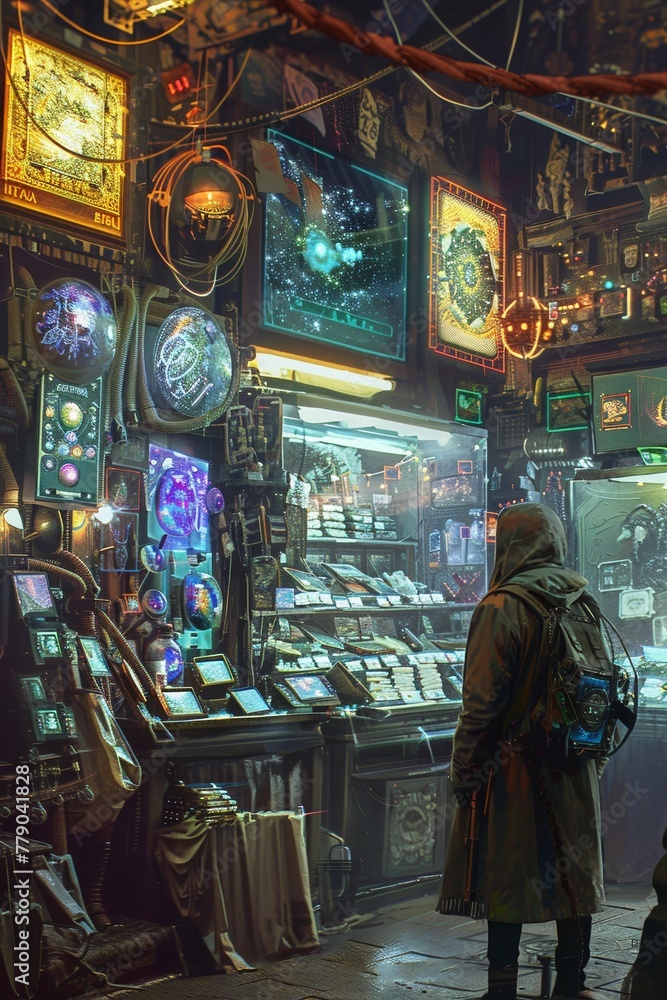 A dystopian marketplace where vendors sell rare artifacts through holographic displays