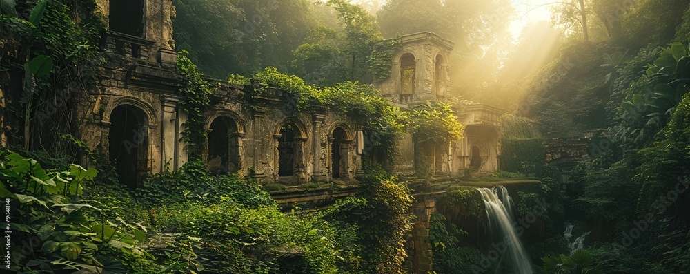 Ancient ruins, overgrown with vegetation, waterfalls cascading down, golden hour light