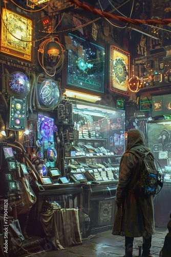 A dystopian marketplace where vendors sell rare artifacts through holographic displays