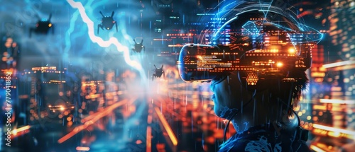 A dynamic scene where virtual reality interfaces merge with IoT networks, lightning strikes in the background symbolize rapid data transfer --ar 7:3