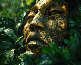 El Dorado, ancient gold figure, mysterious and detailed, in a lush jungle clearing Rain falling gently, 3D render
