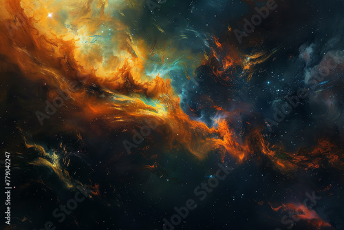 A colorful space scene with orange and blue clouds and stars photo