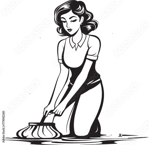 Radiant Ruler Female Janitor Vector Logo Emblem Maid Magic Woman Mopping on Floor Vector Icon