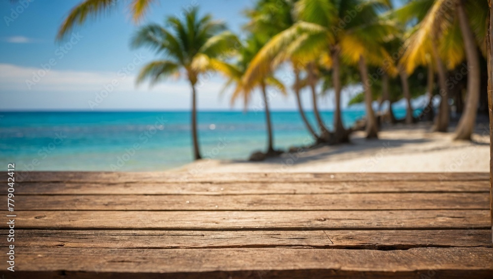 Idyllic view of a tropical beach from a wooden deck, focusing on the sandy shore lined with lush palm trees Idyllic view of a tropical beach from a wooden deck, focusing on the sandy shore lined with lush palm trees