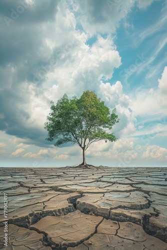 A single tree thriving on a barren landscape, symbolizing resilience and success against the odds