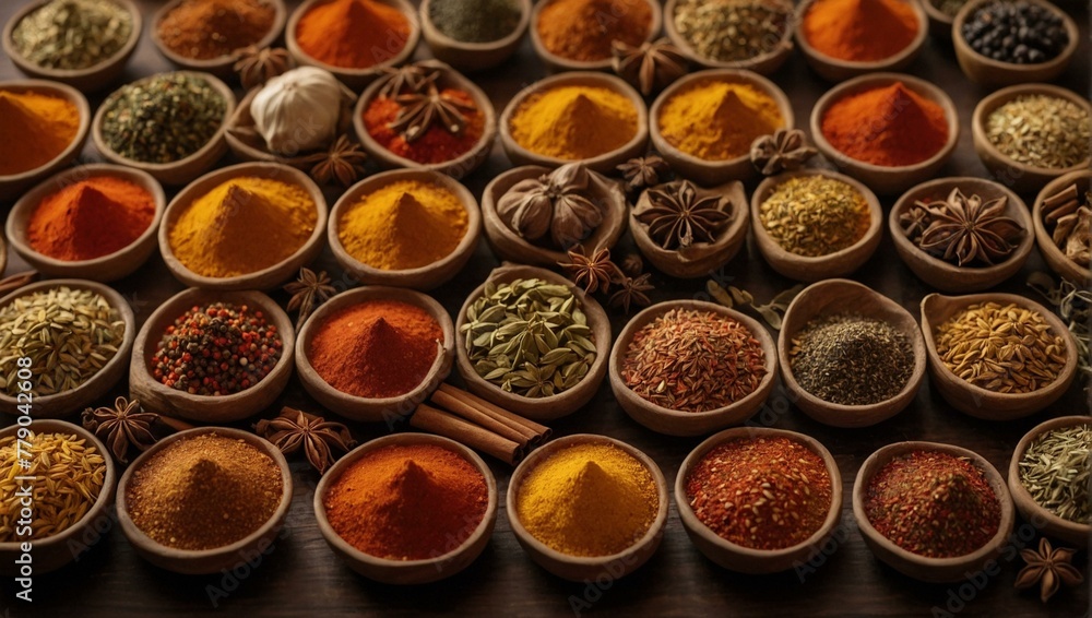 An array of colorful spices neatly presented in small bowls, showcasing a variety of textures An array of colorful spices neatly presented in small bowls, showcasing a variety of textures