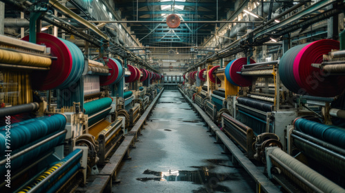 A bustling textile factory with rows of looms and spinning machines, currently at rest but ready to produce fabrics of various colors and patterns
