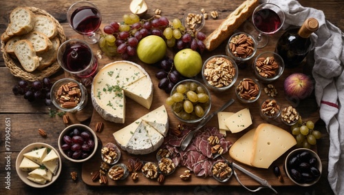 Exquisite spread of various gourmet cheese, nuts, fruit, and wine, perfect for luxury dining