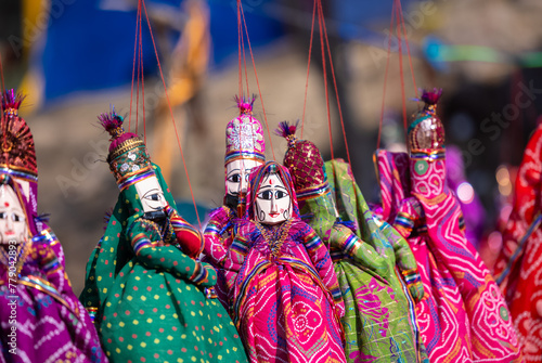 Indian colorful Rajasthani handmade Puppets and Crafts products at fair. Selective focus. photo