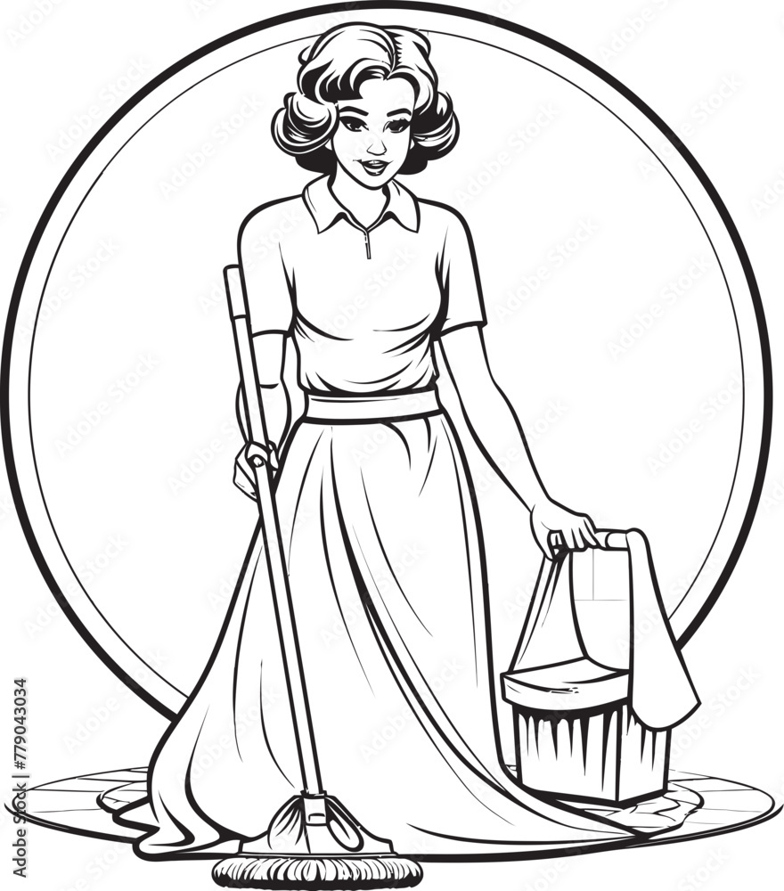 Maid Magic Woman Mopping on Floor Vector Design Sparkle Sorceress Female Mopping Icon in Vector Art