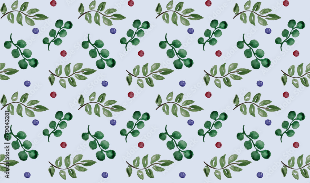 Seamless pattern with green leaves and berries, aplants in a watercolor style.
Vector pattern for posters, prints, textiles and banners. Seamless pattern, watercolor drawing