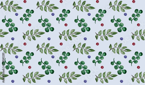 Seamless pattern with green leaves and berries, aplants in a watercolor style. Vector pattern for posters, prints, textiles and banners. Seamless pattern, watercolor drawing