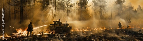 Military engineers constructing a fire resistant barrier to protect a critical facility from wildfire spread