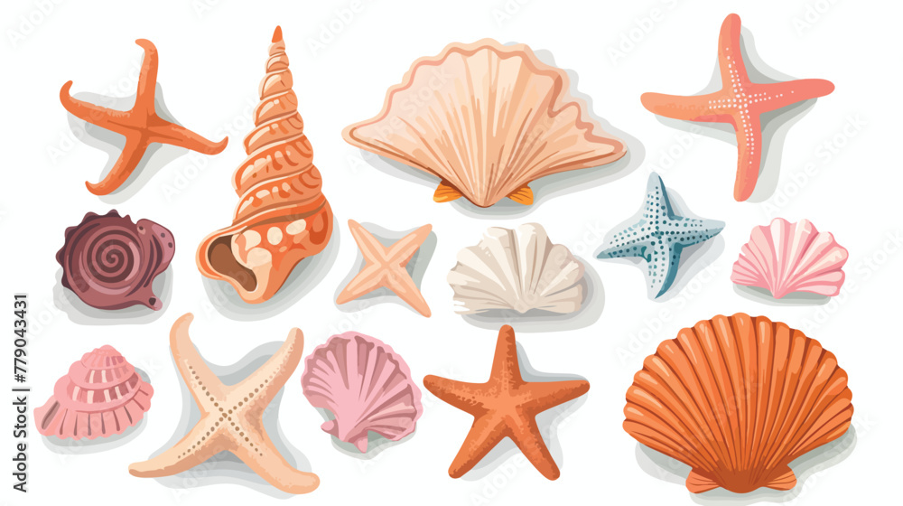 Vector set of sea shells and starfish. Paper art 2d