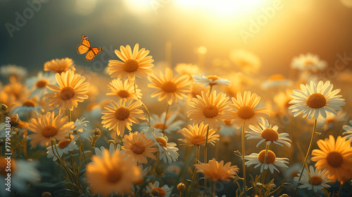 Sunlit Daisy in the Gold beauty of a field with fluttering butterflies landscape