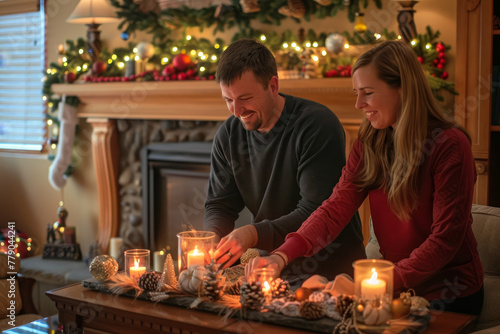 A man and woman are sitting at a table with candles and decorations