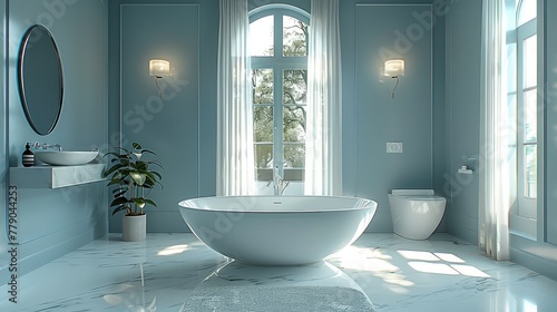 Super luxurious bathroom  exquisite window  white curtains fluttering  natural light passing through large windows  white marble floors  light blue walls. Generative AI.
