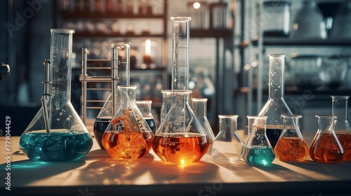 A photo of a chemistry set with beakers and test tube