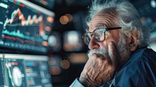 Bear Market Panicking Senior Old Man Watching Crashing Stocks photo