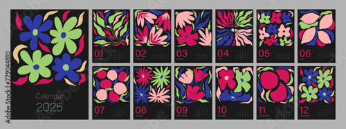 Floral calendar template for 2025. Vertical design with bright colorful flowers and leaves. Editable illustration page template A4, A3, set of 12 months with cover. Vector mesh. Week starts on Sunday