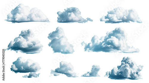 Collection of White Blue Cumulus Clouds - Isolated on White Transparent Background, PNG 