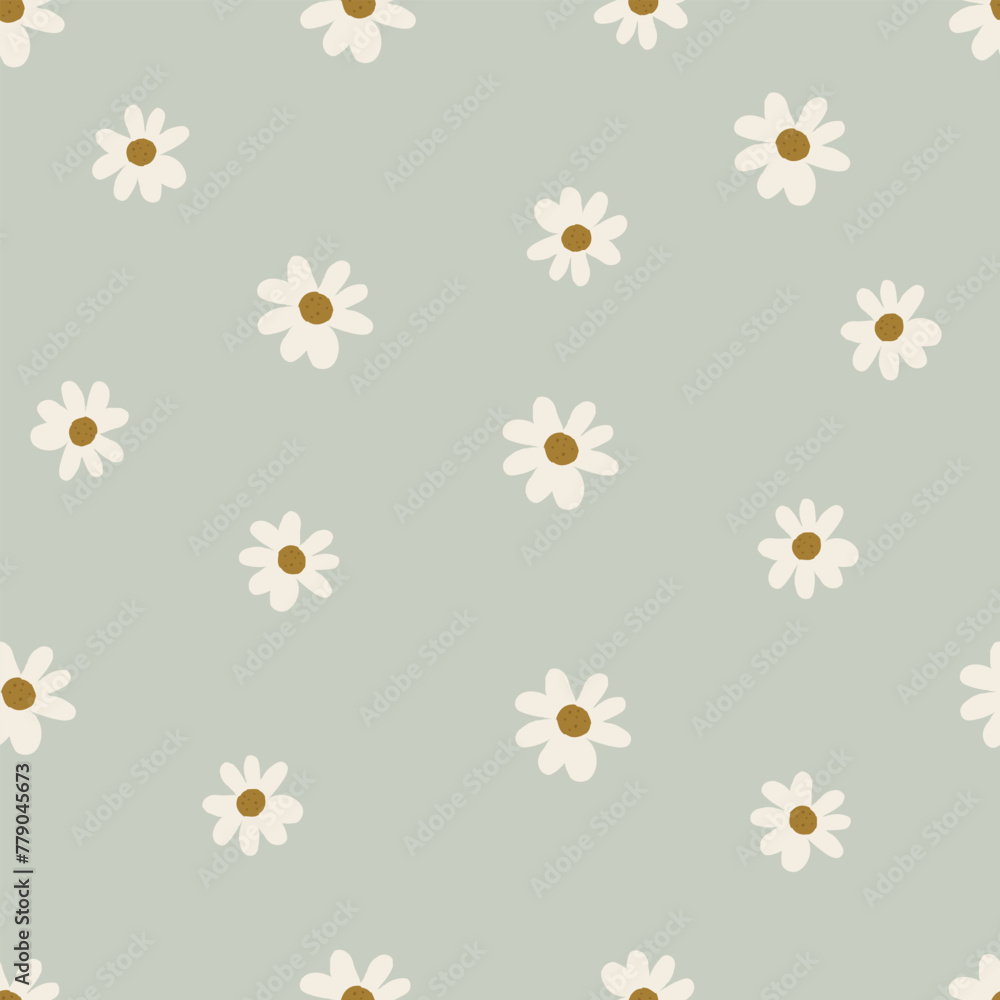 Simple Minimalist Chamomile Seamless Pattern. Daisy vintage Pattern on Pastel Background for Baby Clothing, Textile and Nursery decor.	