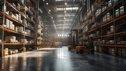 A bustling logistics warehouse with shelves and forklifts, currently empty but ready to store and distribute a vast array of goods