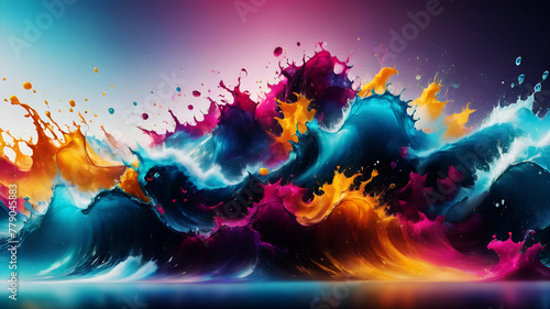 Create an abstract background inspired by the juxtaposition of chaos and harmony, incorporating vibrant splashes of color against a backdrop of serene gradients photo