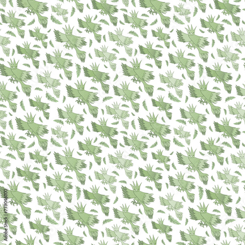 Pale green monochrome hand drawn fictional birds repeated in seamless pattern. Subtle fantasy light green birds and feathers on white backdrop in attractive surface art design.