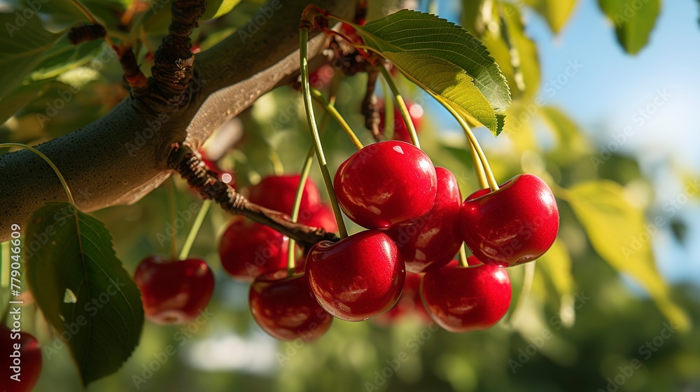 A photo of a close-up of ripe cherries on a fruit tree A photo of a close-up of ripe cherries on a fruit tree