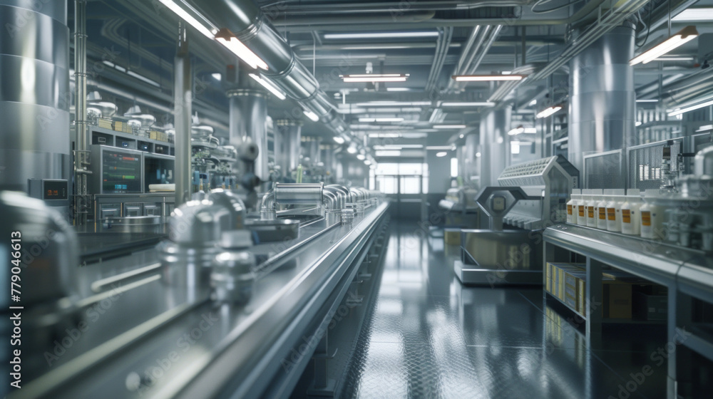 A state-of-the-art pharmaceutical production facility with automated machines and quality control stations, momentarily quiet but ready to manufacture life-saving medications A state-of-the-art pharmaceutical production facility with automated machines and quality control stations, momentarily quiet but ready to manufacture life-saving medications