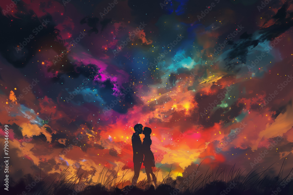Fototapeta premium A couple is kissing in the sky with a colorful background