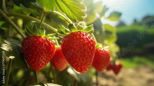 A photo of a close-up view of fresh strawberries